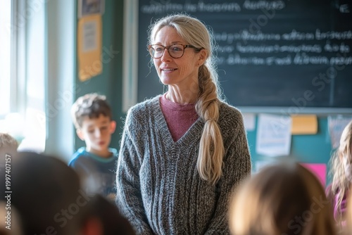 Inspiring teacher addressing students in a bright classroom