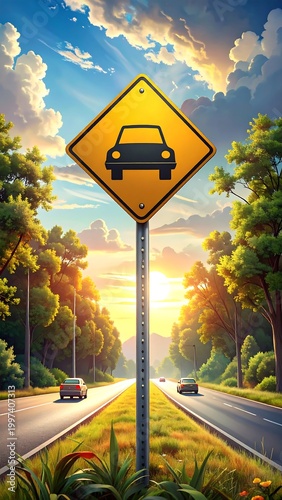 Scenic highway sign at sunrise