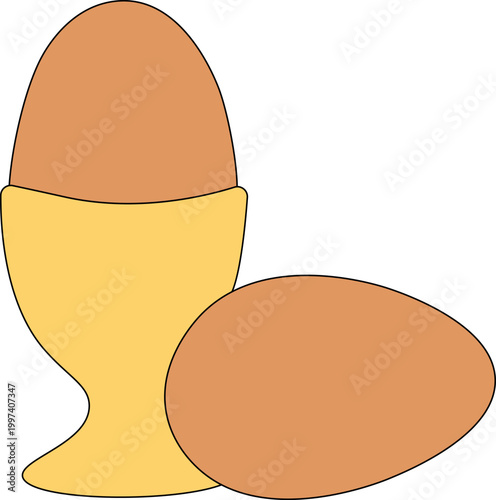 Boiled egg in cup. Cooked eggshell with yolk protein in eggcup, organic chicken eggs for healthy breakfast, protein diet food Egg Colored composition hand drawn illustration. Vector graphic line art.