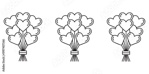 Heart shaped balloons bouquet icons in line art style