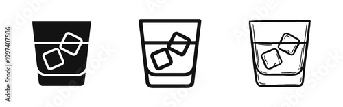 Whiskey Glass with Ice Cubes Icon Set for Drink Design