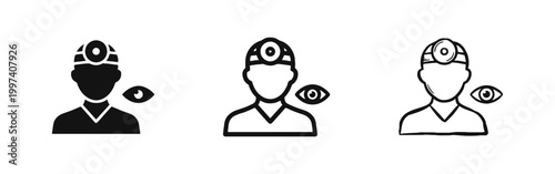 Doctor with Head Mirror and Eye Icon Set for Ophthalmology
