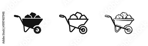 Wheelbarrow with Rocks and Stones Icon Set for Construction