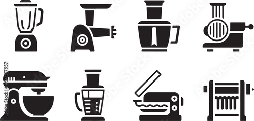 Set of eight black and white kitchen appliance including blenders food processors and mixers