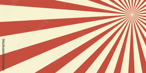 Circus vintage tent background. Retro sun rays pattern. Vintage starburst poster. Star burst radial lines texture. Red stripes. Circus, carnival, summer fair backdrop. Vector illustration.