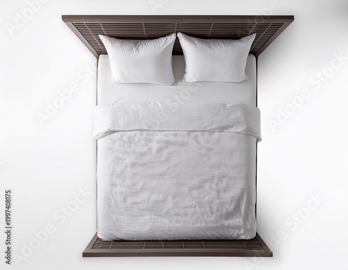 blank white bed mock up top view isolated on white background empty blanket and pillows mockup in bedstead