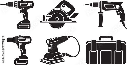 Six black and white silhouette of power tools and a toolbox drill circular saw