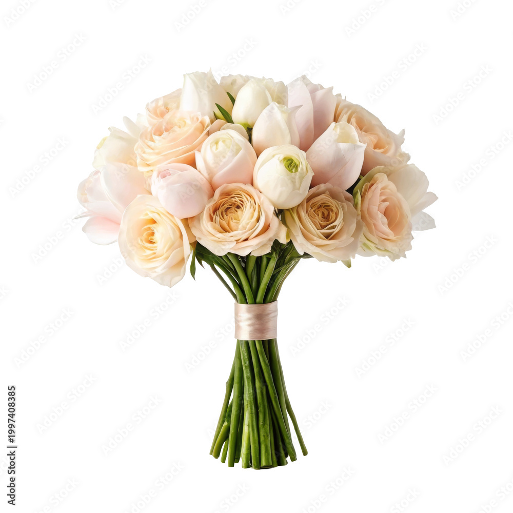 Obraz premium Minimal bouquet of pale roses and tulips for greeting card design, elegant floral arrangement
