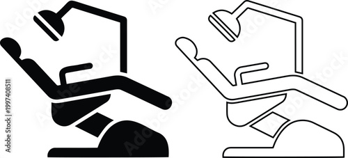 Vector icon set of an examination dental chair with lamp for medical dentist clinic in solid black silhouette and line outline styles.
