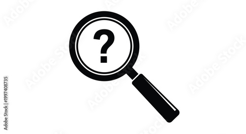 A stark black and white illustration depicts a magnifying glass focusing on a central question mark high quality