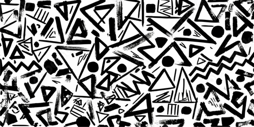 Geometric black and white art with shapes such as triangles, dots and zigzag, which is in a chaotic manner creating an original design for any artwork. for website, background, branding