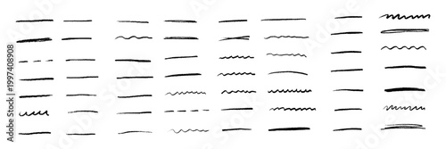 Hand drawn underline set in crayon and pencil styles. Rough sketch strokes, straight and wavy lines, doodle marks, highlight, divider elements. Text emphasis collection with natural texture, isolated
