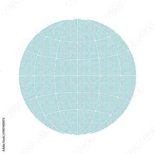 Minimalist light blue globe grid, abstract wireframe sphere, global communication and network icon, digital world map vector graphic isolated on White Background
