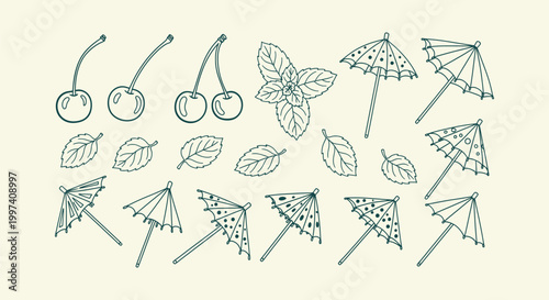 Vector Hand Drawn Cocktail Garnishes Collection with Cherries Mint Leaves and Paper Umbrellas