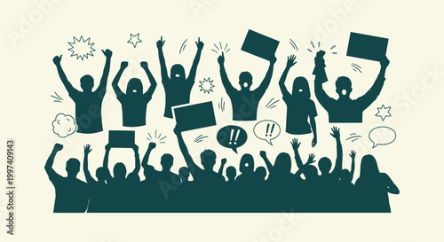 Crowd of people silhouettes cheering and holding placards for social protest and community events.