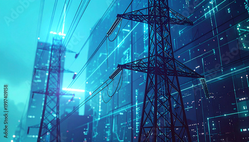 Digital Energy Network: A stylized representation of an electric power pylon integrated within a digital network, showcasing the flow of energy and the infrastructure of modern power transmission.