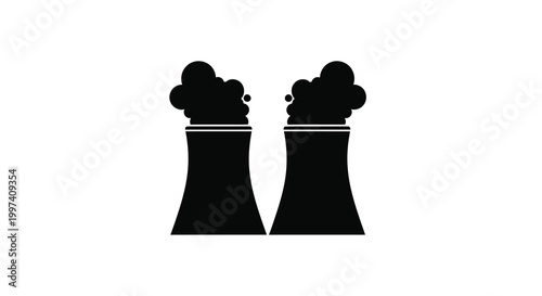 A minimalist depiction showcases two dark cylindrical cooling towers emitting smoke representing industrial infrastructure high quality professional detailed
