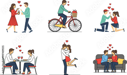 Collection of Romantic Couples Set Featuring Marriage Proposal Date Night Dinner Hugging and Cycling for Valentine Day Celebration Vector Illustration