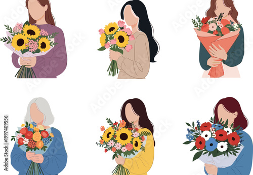 bouquet, flowers, women, illustration, vector, faceless, gift, sunflower, poppy, diverse, set, greeting, celebration, floral, art,