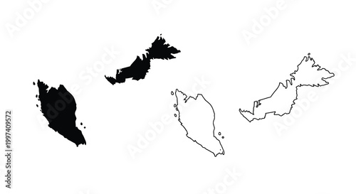 A minimalist black and white representation displays outlines of borneo islands showcasing geographical forms high quality professional detailed