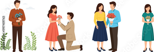 Flat vector illustration set of romantic couples and individuals with flower bouquets for engagement wedding proposal and valentines day celebration.