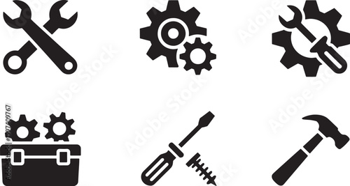 Set of six black and white representing tools and mechanical components wrench spanner