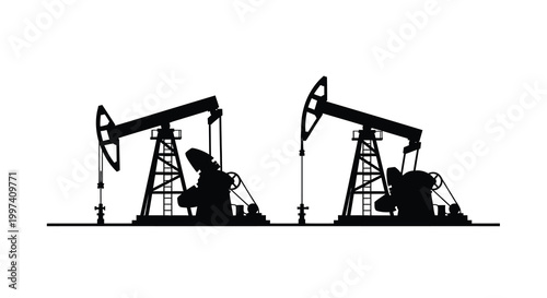 A stark black silhouette depicts two oil pumps commonly known as nodding donkeys against a white background