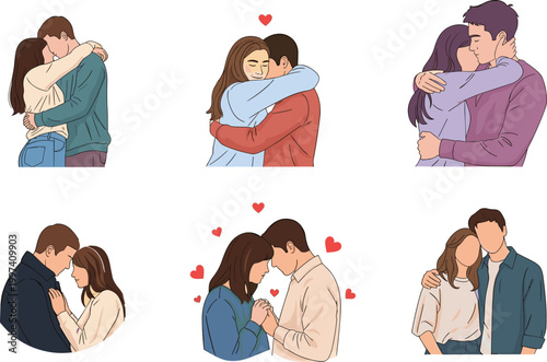 Flat vector illustration set of romantic young couples hugging embracing and kissing for valentines day wedding anniversary and love concept.