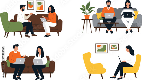 People Working on Laptops in Comfortable Modern Coworking Space and Home Office Interior Set Representing Remote Work Collaboration and Productivity Concepts