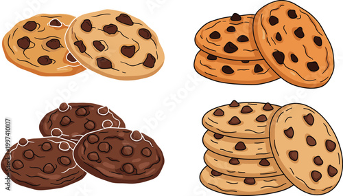 Set of Delicious Chocolate Chip Cookies and Dark Chocolate Biscuits in Stacks and Groups for Bakery Menu Cafe and Dessert Design