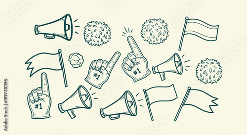 Hand-drawn sports fan support icon set with megaphones, foam fingers, pompoms and flags doodle