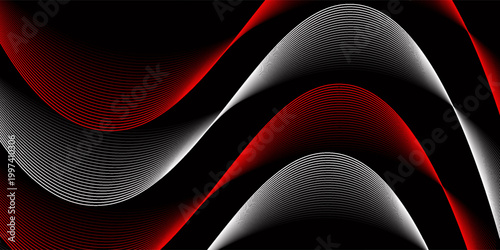 Neon flowing wavy lines on black background. Abstract sound wave design for ai concept, equalizer, audio record, voice assistant. Blue, pink orange gradient curve stripes. Vector wallpaper
