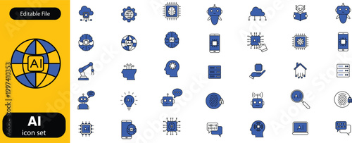 Generative AI icon set. Contain icons related to creative artificial intelligence, text, images, videos, search and data by AI, and more. editable stroke. Vector illustration