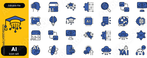 Generative AI icon set. Contain icons related to creative artificial intelligence, text, images, videos, search and data by AI, and more. editable stroke. Vector illustration