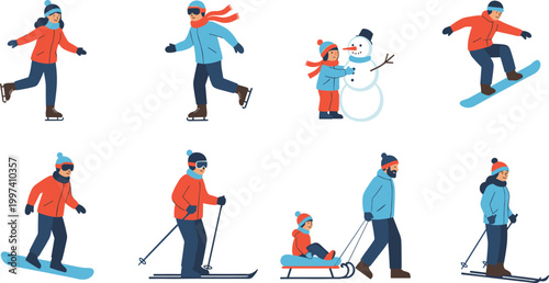 Set of People and Families Enjoying Winter Activities Including Skiing Snowboarding Ice Skating Sledding and Building a Snowman for Holiday Vector Design