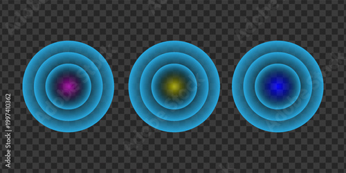 Sound wave. Signal concentric circle. Round light effect. Wifi range. Radio station signal. Water ripple with circle waves. A place or a painful point. Radar screen. Vector effect.