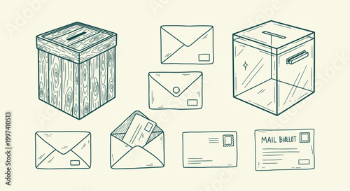 Sketch of election equipment including wooden box transparent ballot box and mail ballot envelopes.