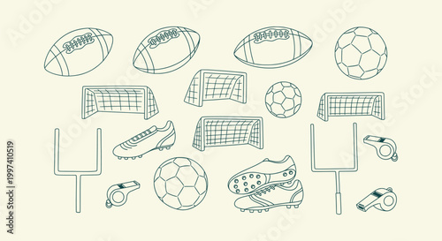 Hand Drawn Sports Equipment Doodles with Soccer Balls Footballs Goals Cleats and Whistles Collection