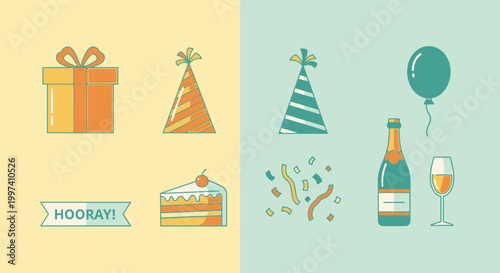 Celebration Icons Set with Party Supplies and Festive Decorations