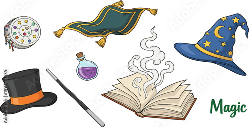 Magic objects set with wizard hat wand spell book potion flying carpet and mystical elements fantasy illustration collection