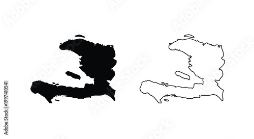 Two contrasting depictions of haiti s geographical shape one filled and one outlined shown in black and white