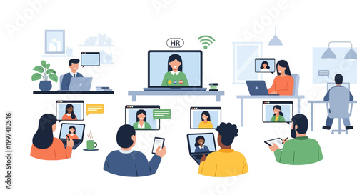 Virtual HR Meeting and Remote Team Collaboration via Video Conference - Diverse Workforce Connected Online