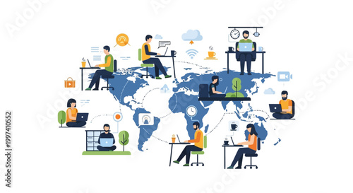 Global Remote Work and Collaboration Concept: Worldwide Connected People Working from Home & Anywhere