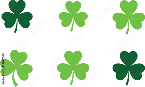 Set of Six Green Three Leaf Clover Icons for St Patricks Day Celebration Luck and Irish Heritage Symbol Design Elements