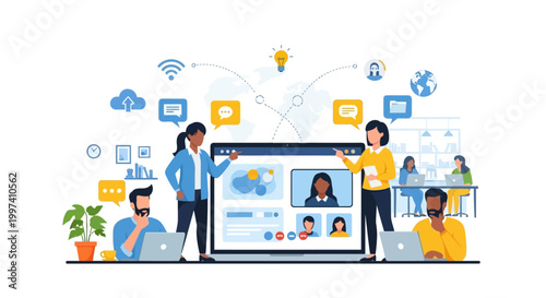 Global Virtual Team Collaboration and Online Meeting Concept. Professionals connecting remotely via video conference, enhancing digital workflow and communication.