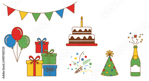 Celebration Elements Collection with Balloons, Cake and Party Supplies