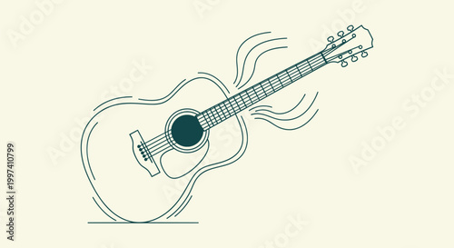 Acoustic Guitar Line Art Illustration with Sound Waves for Music Branding and Creative Background