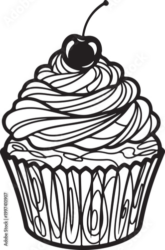 Black line cupcake with frosting and cherry on dessert pastry