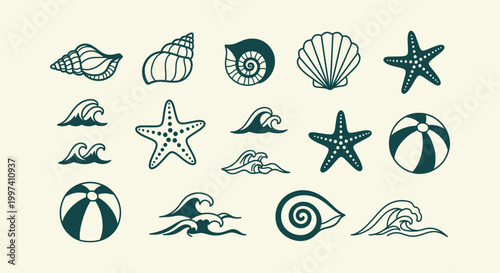 Minimalist ocean themed icons set featuring sea shells starfish waves and beach balls on background.