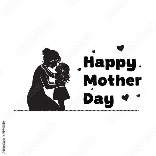 Black silhouette illustration of adult kneeling and embracing child with hearts design symbolizing maternal love Mother Day celebration